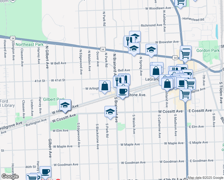 map of restaurants, bars, coffee shops, grocery stores, and more near 817 West Hillgrove Avenue in La Grange