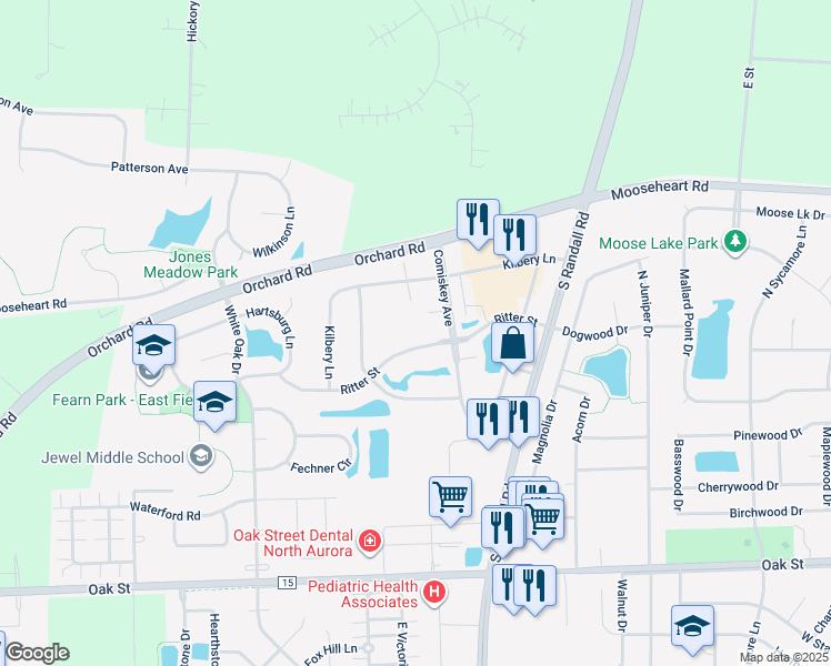 map of restaurants, bars, coffee shops, grocery stores, and more near 1246 Ritter Street in North Aurora