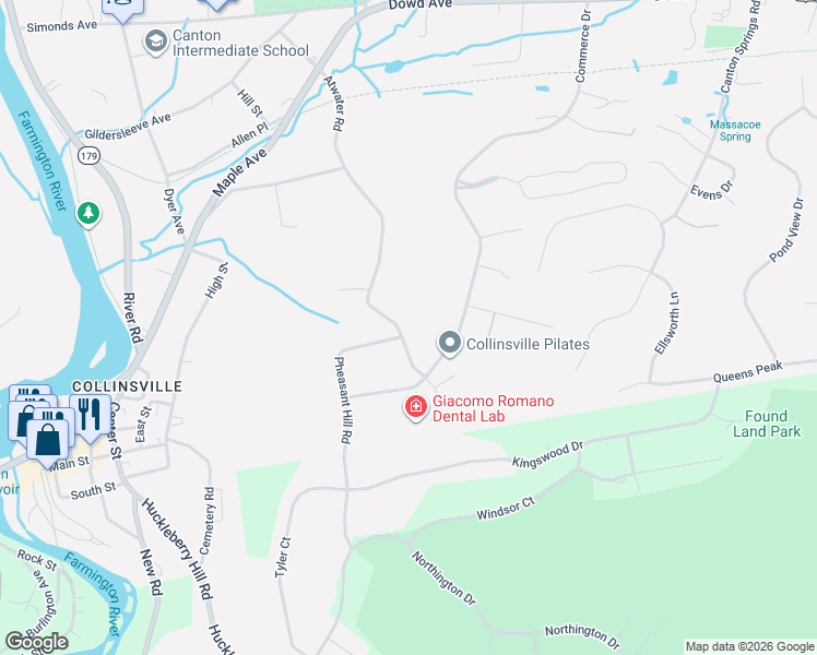 map of restaurants, bars, coffee shops, grocery stores, and more near 76 Atwater Road in Canton