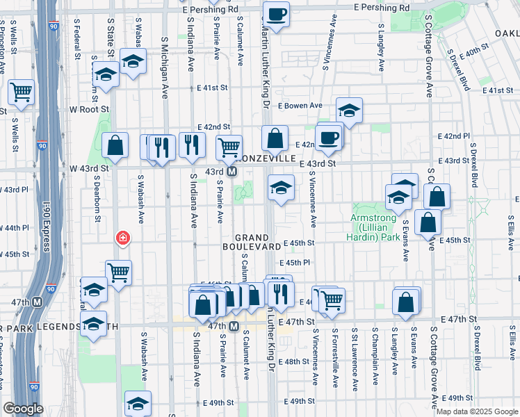map of restaurants, bars, coffee shops, grocery stores, and more near 4402 South King Drive in Chicago