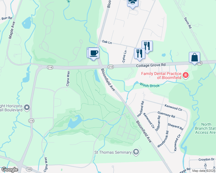 map of restaurants, bars, coffee shops, grocery stores, and more near 551 Bloomfield Avenue in Bloomfield