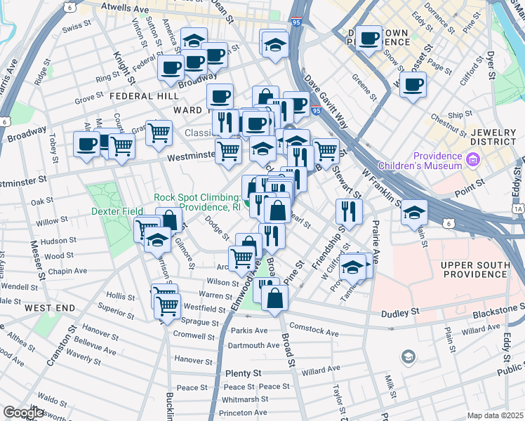 map of restaurants, bars, coffee shops, grocery stores, and more near 23 Central Street in Providence