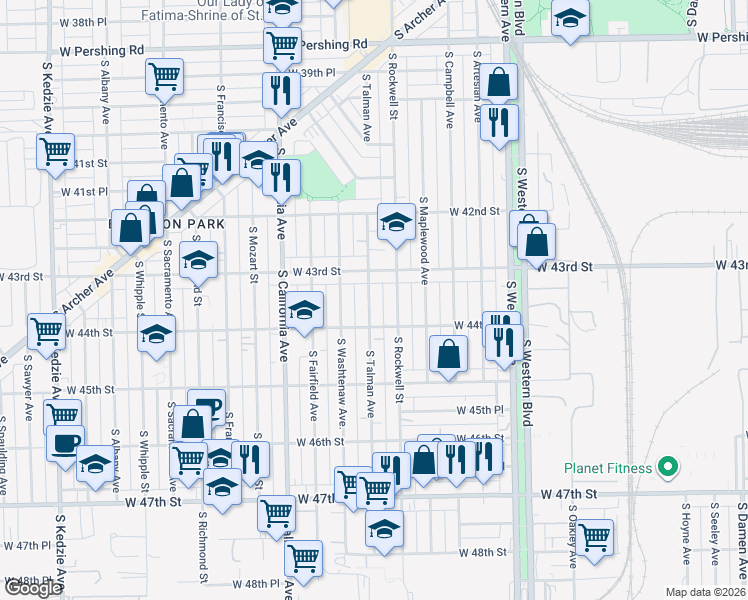 map of restaurants, bars, coffee shops, grocery stores, and more near 4331 South Talman Avenue in Chicago