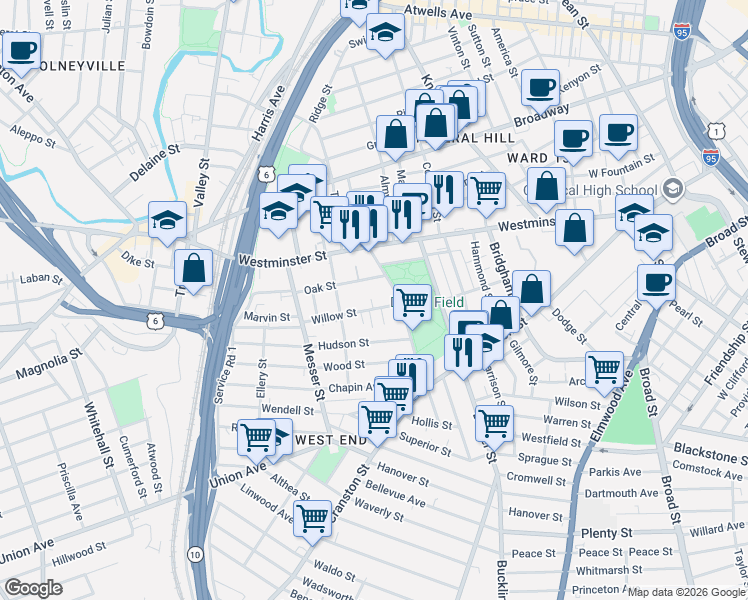map of restaurants, bars, coffee shops, grocery stores, and more near 19 Bianco Court in Providence