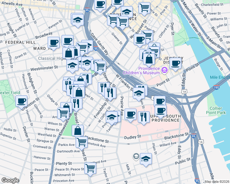 map of restaurants, bars, coffee shops, grocery stores, and more near 324 Friendship Street in Providence