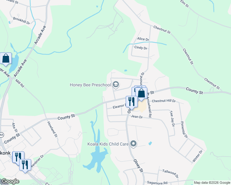 map of restaurants, bars, coffee shops, grocery stores, and more near 9 Cedar Lane in Seekonk