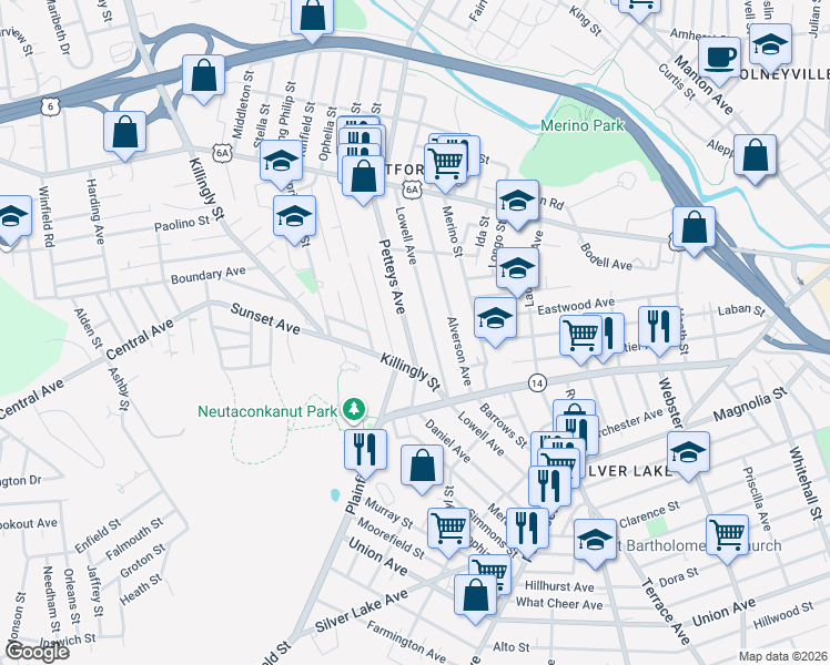 map of restaurants, bars, coffee shops, grocery stores, and more near 45 Petteys Avenue in Providence