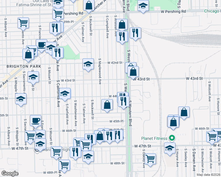 map of restaurants, bars, coffee shops, grocery stores, and more near 4359 South Campbell Avenue in Chicago