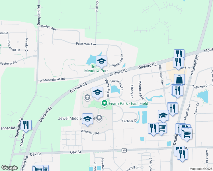 map of restaurants, bars, coffee shops, grocery stores, and more near 1519 Stevens Court in North Aurora