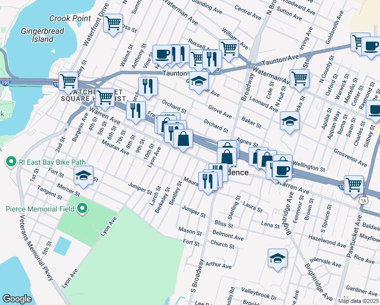 map of restaurants, bars, coffee shops, grocery stores, and more near 15 Follett Street in East Providence