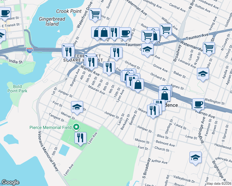 map of restaurants, bars, coffee shops, grocery stores, and more near 247 Mauran Avenue in East Providence