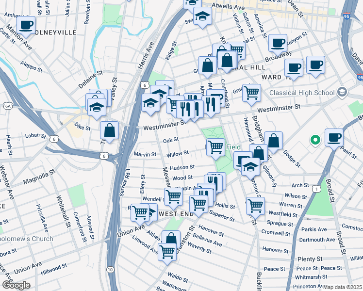map of restaurants, bars, coffee shops, grocery stores, and more near 64 Sycamore Street in Providence