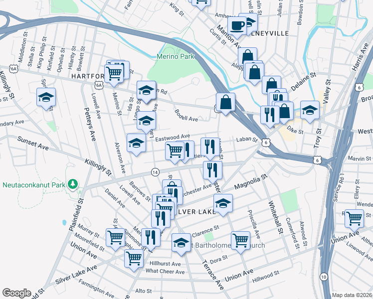 map of restaurants, bars, coffee shops, grocery stores, and more near 20 Dewey Street in Providence