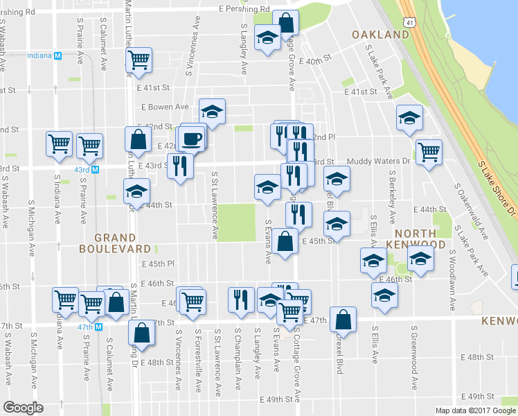 map of restaurants, bars, coffee shops, grocery stores, and more near 6743 South Evans Avenue in Chicago