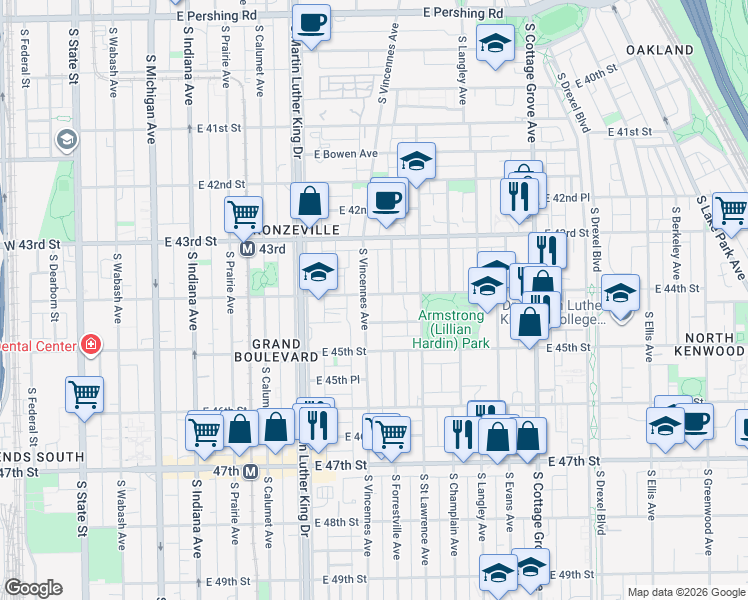 map of restaurants, bars, coffee shops, grocery stores, and more near 4423 South Vincennes Avenue in Chicago