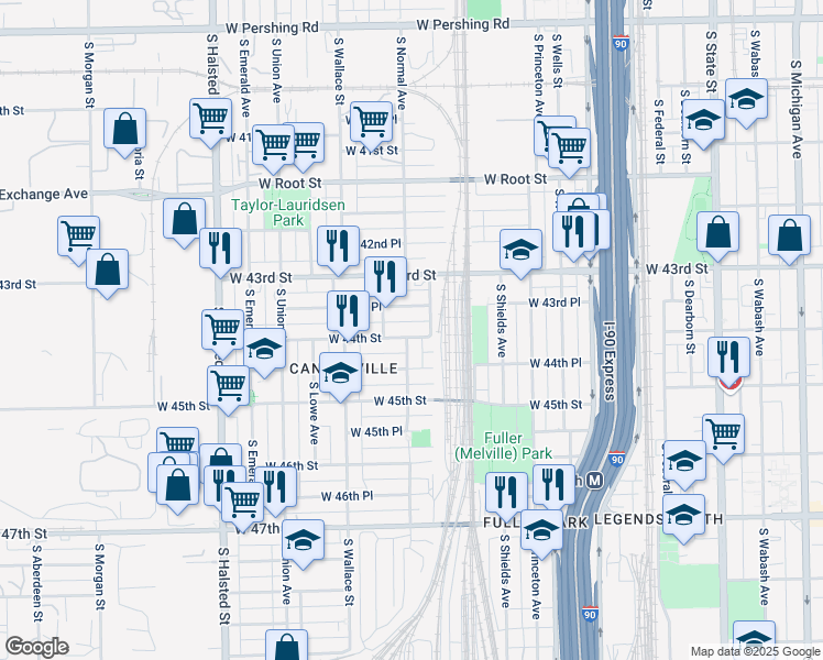 map of restaurants, bars, coffee shops, grocery stores, and more near 438 West 44th Place in Chicago