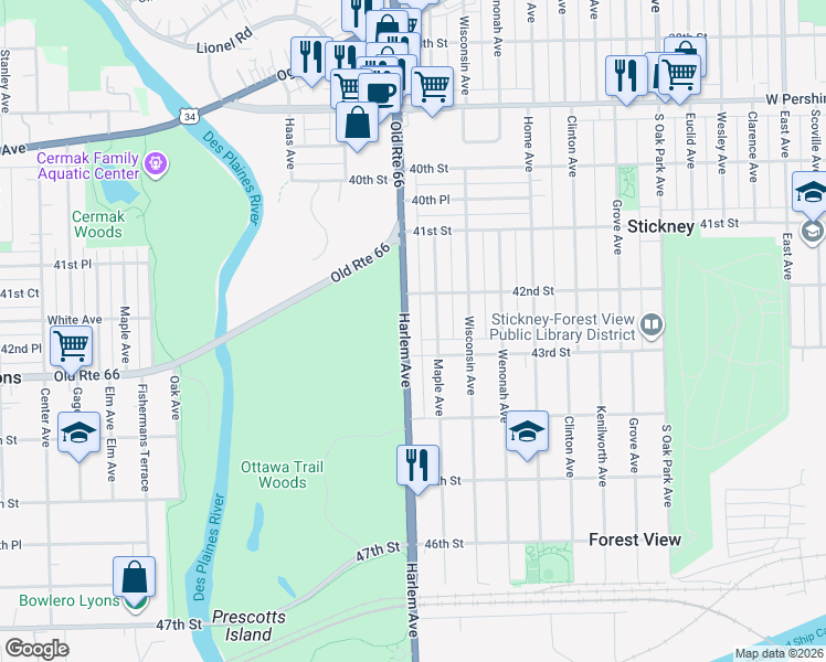 map of restaurants, bars, coffee shops, grocery stores, and more near in Stickney