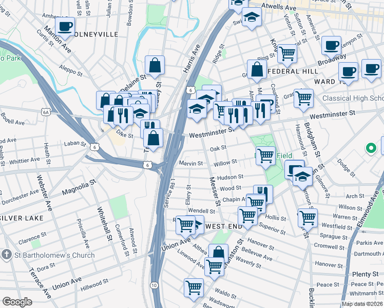 map of restaurants, bars, coffee shops, grocery stores, and more near 128 Oak Street in Providence