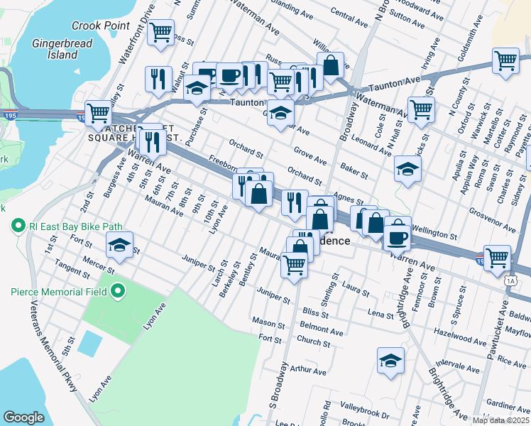 map of restaurants, bars, coffee shops, grocery stores, and more near 254 Warren Avenue in East Providence