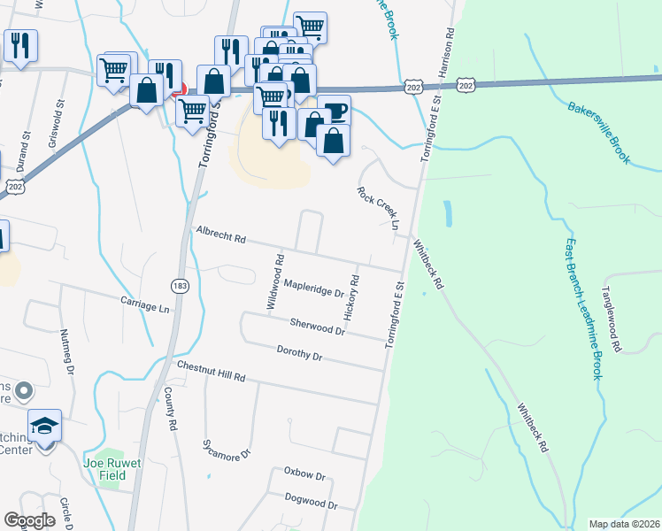 map of restaurants, bars, coffee shops, grocery stores, and more near 103 Mapleridge Drive in Torrington
