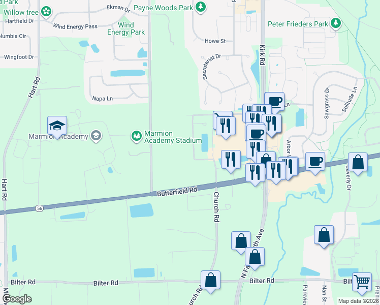 map of restaurants, bars, coffee shops, grocery stores, and more near 2850 Church Road in Aurora