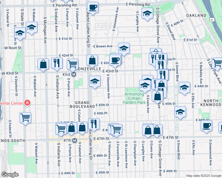 map of restaurants, bars, coffee shops, grocery stores, and more near 505 East 44th Street in Chicago