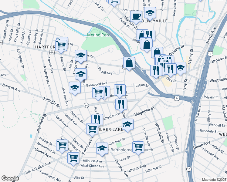 map of restaurants, bars, coffee shops, grocery stores, and more near 56 Webster Avenue in Providence