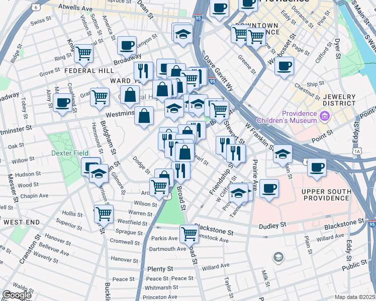 map of restaurants, bars, coffee shops, grocery stores, and more near Broad St & Pearl St in Providence