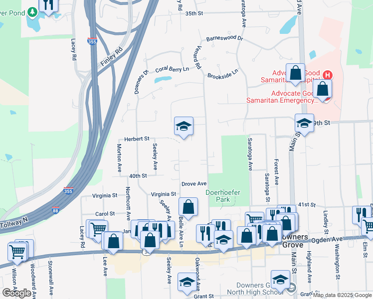 map of restaurants, bars, coffee shops, grocery stores, and more near 3928 Venard Rd in Downers Grove
