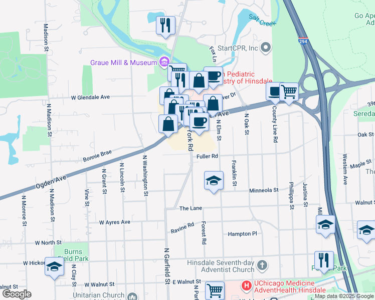 map of restaurants, bars, coffee shops, grocery stores, and more near 728 North York Road in Hinsdale