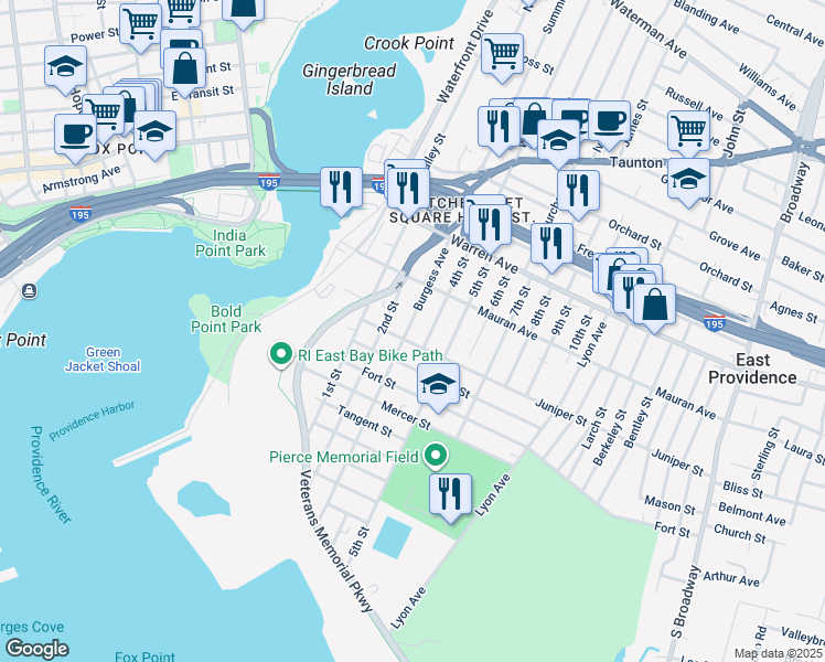 map of restaurants, bars, coffee shops, grocery stores, and more near 61 Burgess Avenue in East Providence