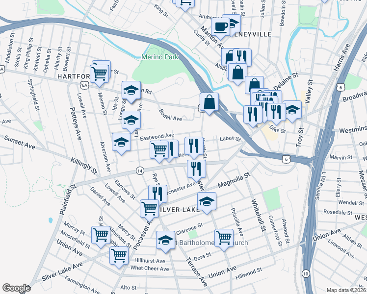 map of restaurants, bars, coffee shops, grocery stores, and more near 56 Webster Avenue in Providence