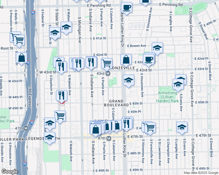 map of restaurants, bars, coffee shops, grocery stores, and more near 4341 South Prairie Avenue in Chicago
