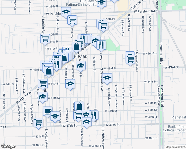 map of restaurants, bars, coffee shops, grocery stores, and more near 4254 South Mozart Street in Chicago