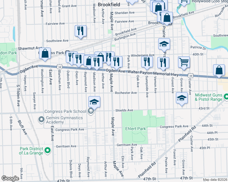 map of restaurants, bars, coffee shops, grocery stores, and more near 4142 Elm Avenue in Brookfield