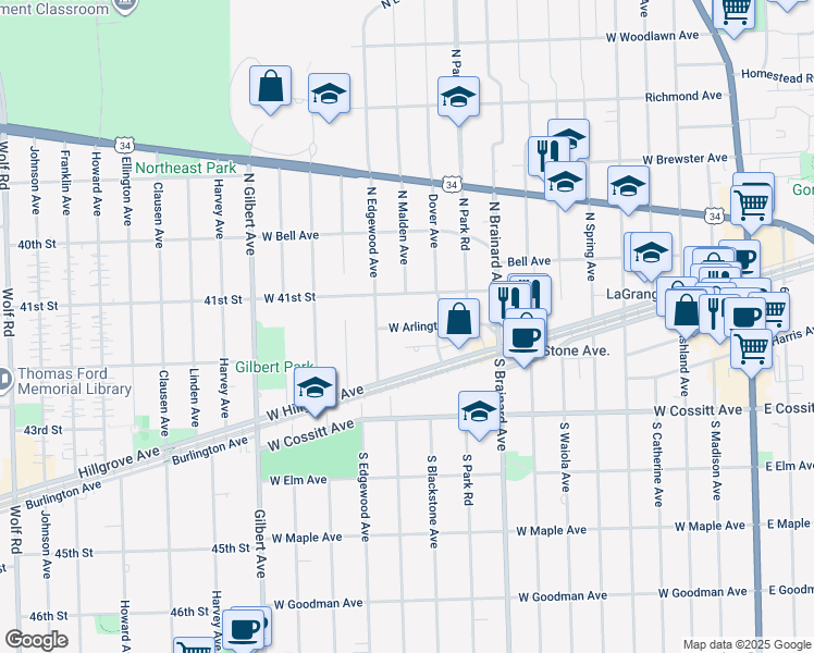 map of restaurants, bars, coffee shops, grocery stores, and more near 1100 41st Street in La Grange