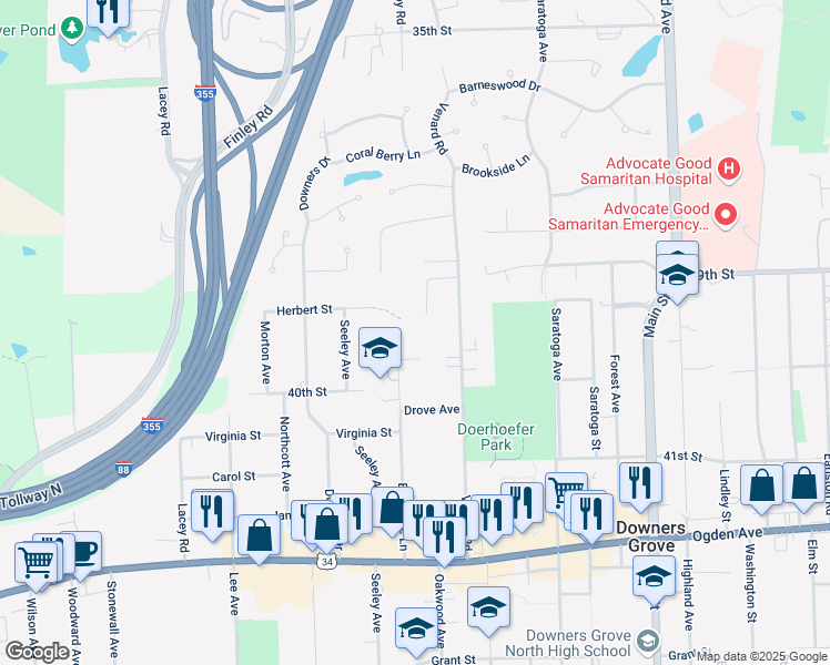 map of restaurants, bars, coffee shops, grocery stores, and more near 3928 Venard Rd in Downers Grove