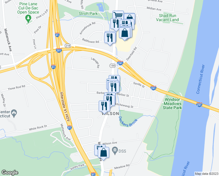 map of restaurants, bars, coffee shops, grocery stores, and more near 411 Windsor Avenue in Windsor