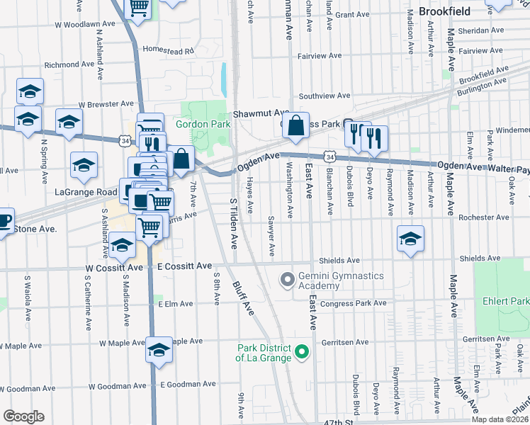 map of restaurants, bars, coffee shops, grocery stores, and more near 136 Sawyer Avenue in La Grange