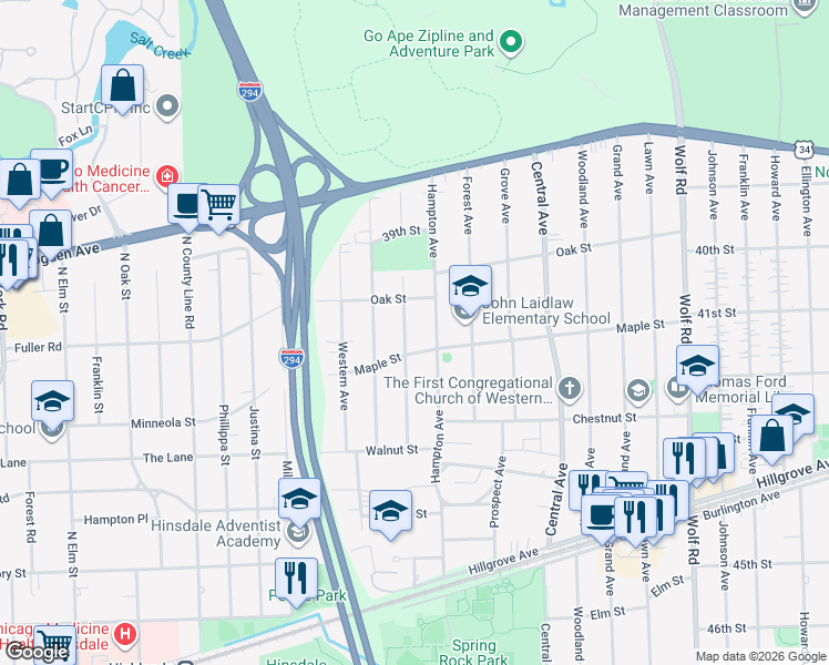 map of restaurants, bars, coffee shops, grocery stores, and more near 4054 Hampton Avenue in Western Springs