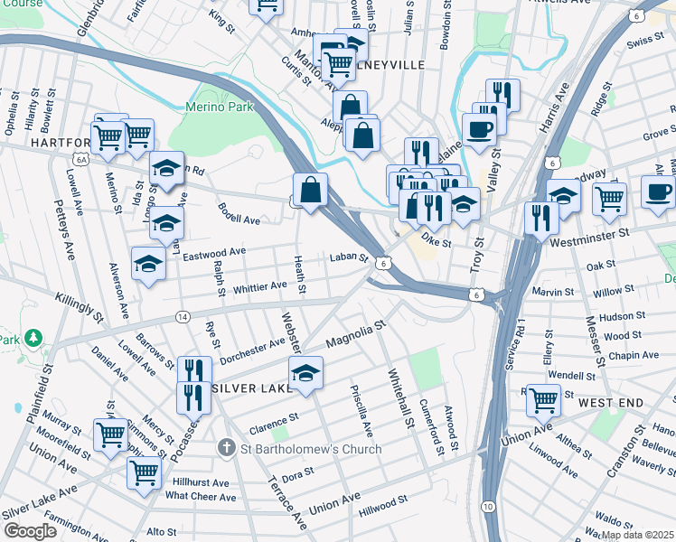 map of restaurants, bars, coffee shops, grocery stores, and more near 43 Laban Street in Providence