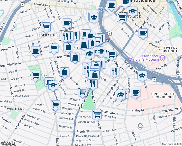 map of restaurants, bars, coffee shops, grocery stores, and more near 304 Pearl Street in Providence