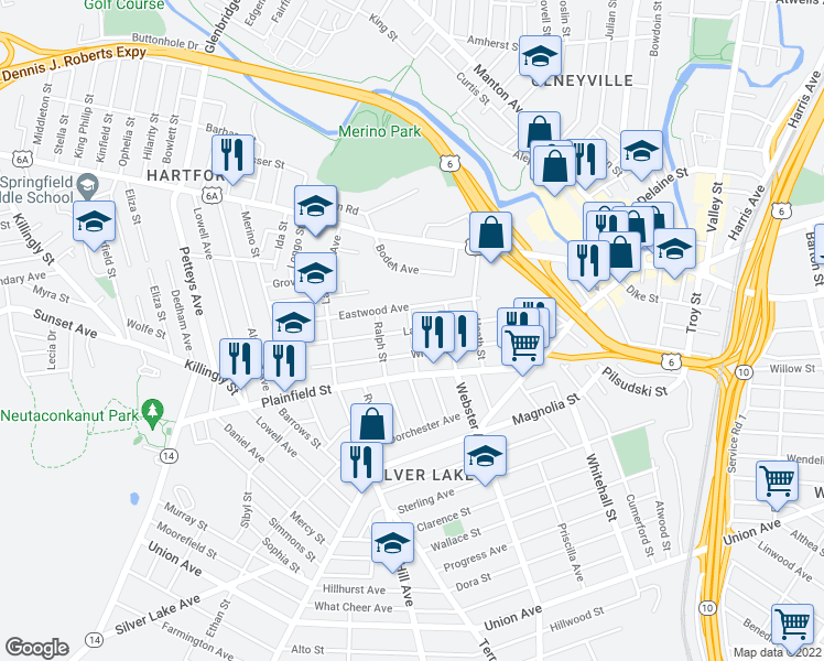 map of restaurants, bars, coffee shops, grocery stores, and more near Laban Street in Providence
