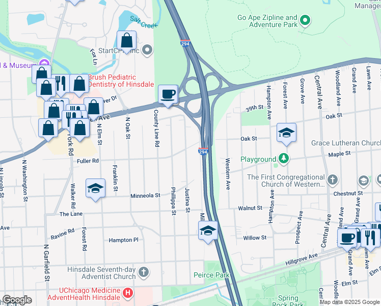 map of restaurants, bars, coffee shops, grocery stores, and more near 645 Justina Street in Hinsdale