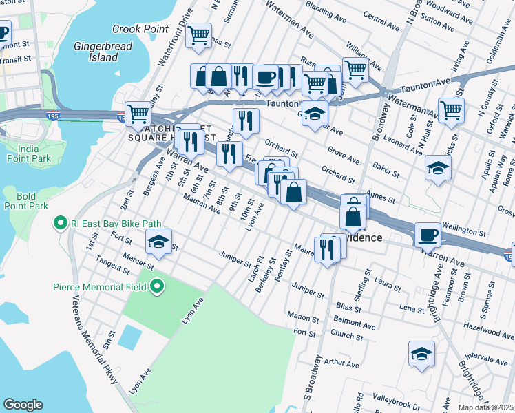 map of restaurants, bars, coffee shops, grocery stores, and more near 200 Warren Avenue in East Providence