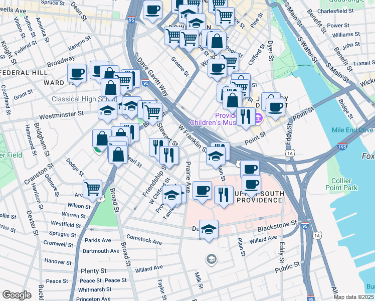 map of restaurants, bars, coffee shops, grocery stores, and more near 43 Maple Street in Providence