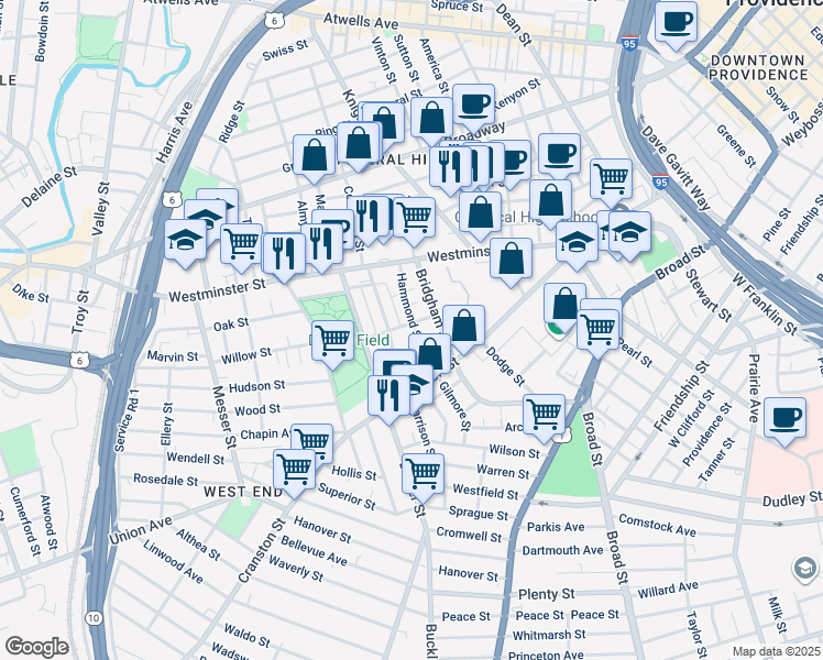 map of restaurants, bars, coffee shops, grocery stores, and more near 30 Hammond Street in Providence