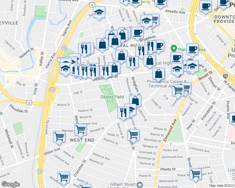 map of restaurants, bars, coffee shops, grocery stores, and more near 41 Harrison Street in Providence