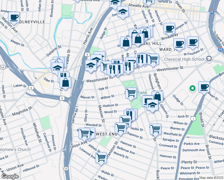 map of restaurants, bars, coffee shops, grocery stores, and more near 43 Oak Street in Providence