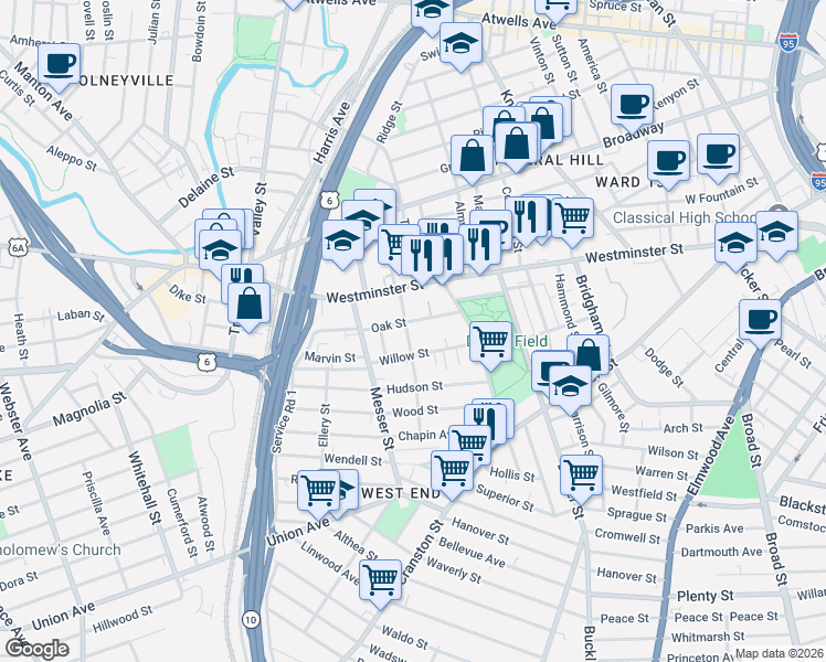 map of restaurants, bars, coffee shops, grocery stores, and more near 43 Oak Street in Providence